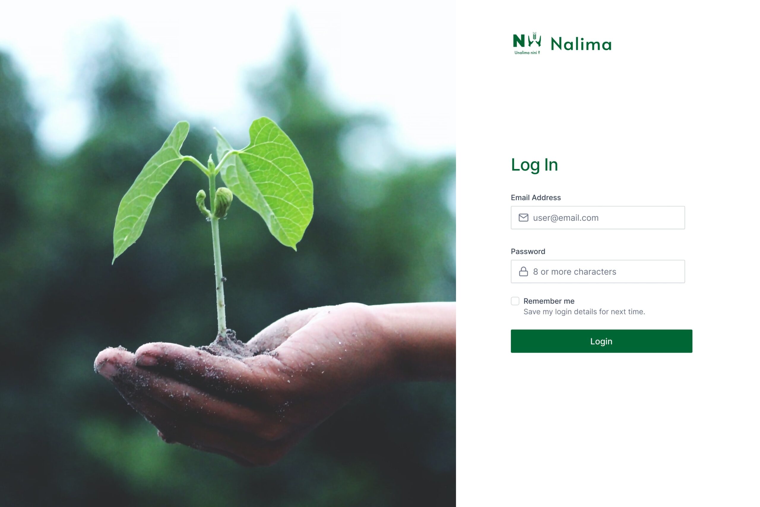 Nalima dashboard login page